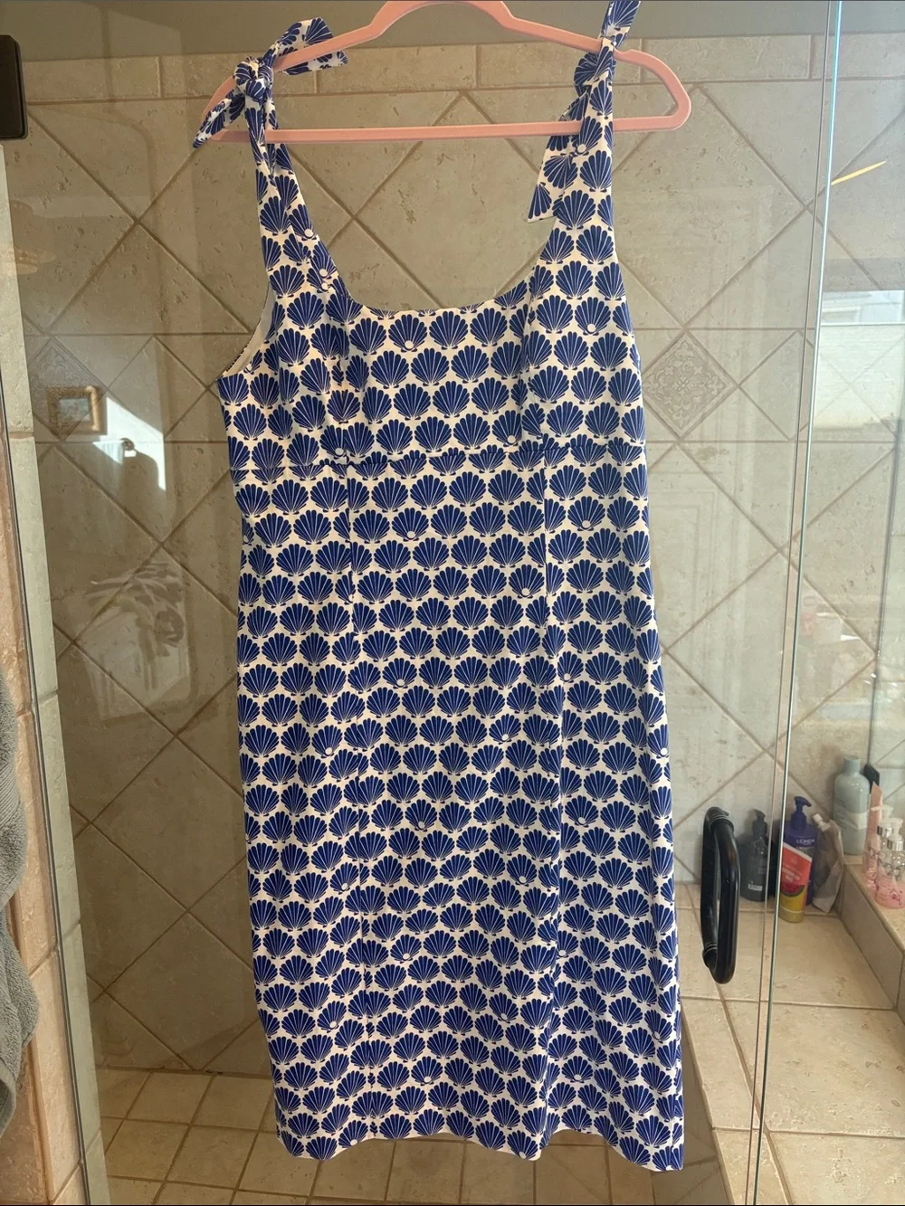 kate spade Blue and White Shell-Print Tie-Shoulder Midi Dress